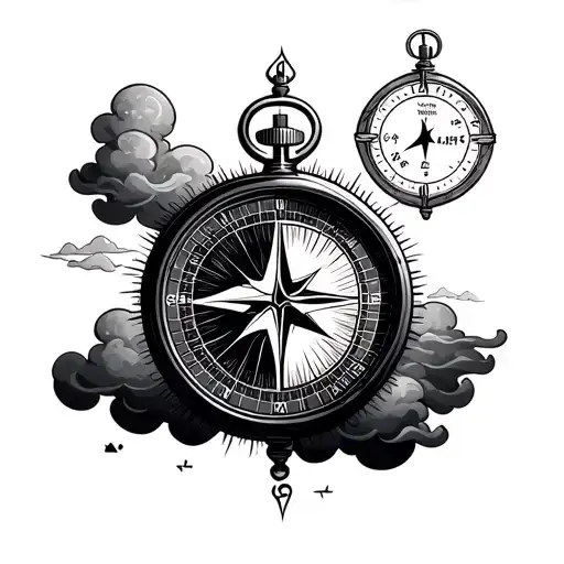 clouds, stop watch, playing card, compass, 1866, sunbeam tattoo design idea