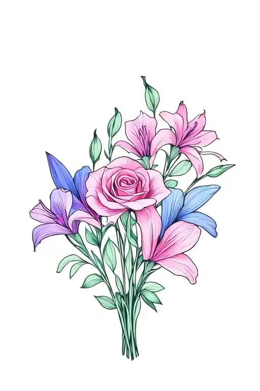 family birth flower bouquet tied. gladiolus, sakura, rose, sweet pea line style colored. I like purples, pinks, and blue tattoo design idea