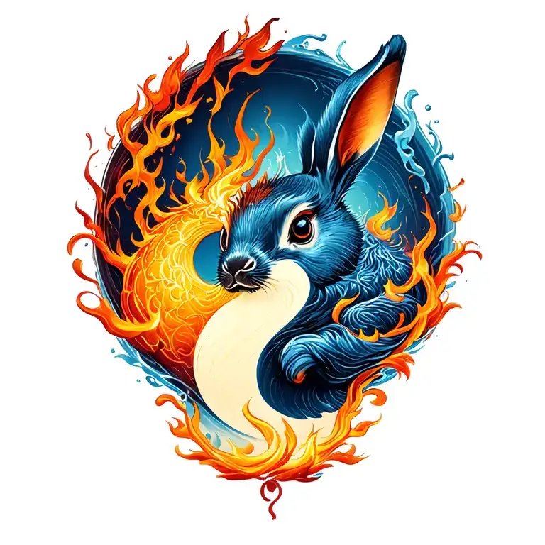 Chinese zodiac water Pig yin to fire rabbit yang tattoo design idea
