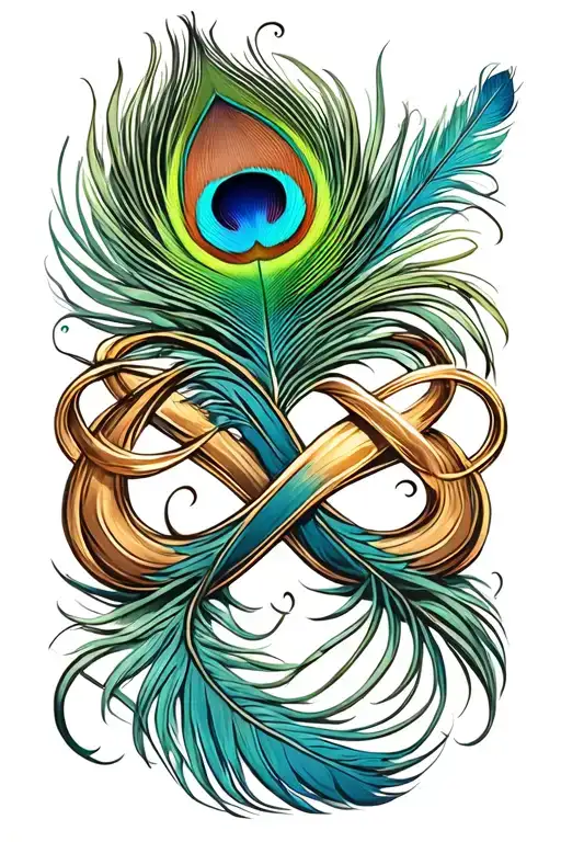 infinity symbol, peacock feather, S letter and love symbol tattoo design idea