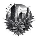 concrete jungle with ferns and buildings  tattoo design idea