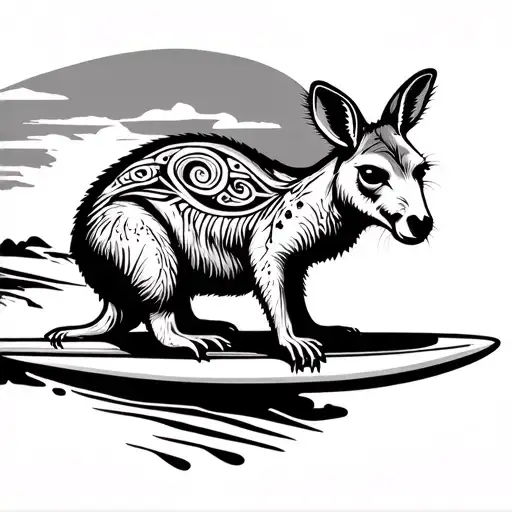 Surfing kangaroo In aboriginal style Ohm smbole in the middle tattoo design idea