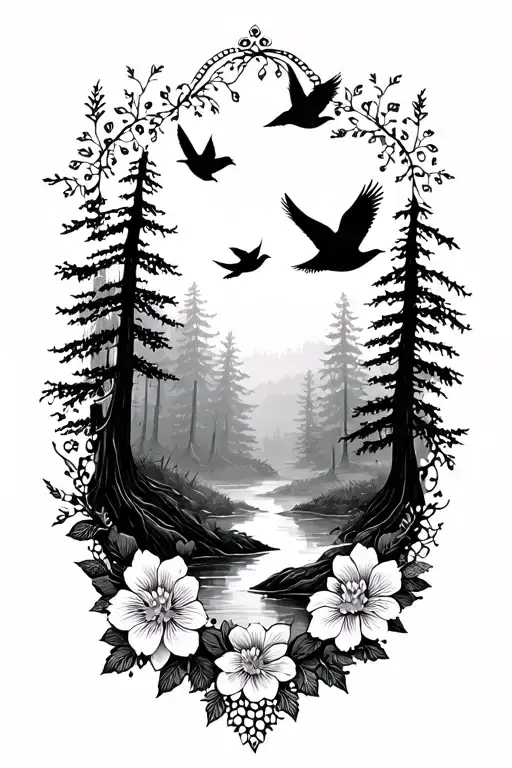 floral lace with cute birds flying in forest scene  tattoo design idea