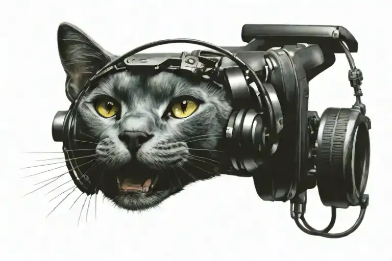 A Russian blue cat wearing headphones and driving a ford XR8 car tattoo design idea
