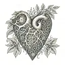 small round tattoo, organ heart shaped with sea shells corals tree vines and roots tattoo design idea
