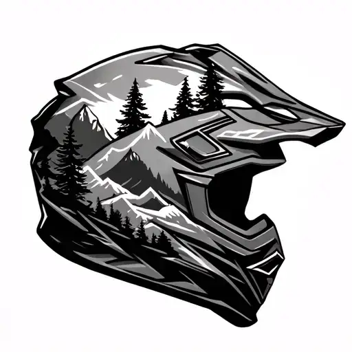 motocross helmet with trees and mountains  tattoo design idea