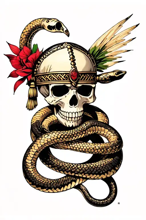 conquistador skull with rattle snake intertwined tattoo design idea