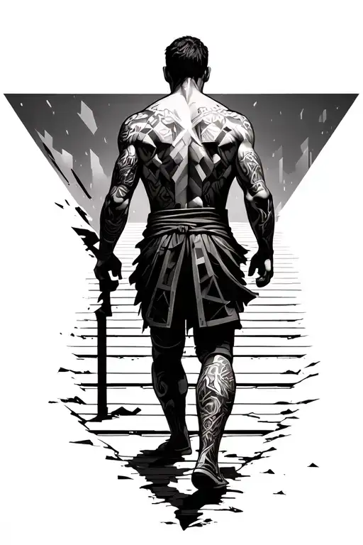 An lean warrior walking up war-torn destroyed steps geometric background towards peace. Seen from behind tattoo design idea
