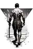 An lean warrior walking up war-torn destroyed steps geometric background towards peace. Seen from behind tattoo design idea