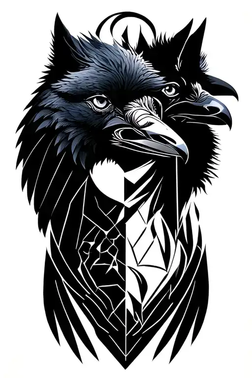 Nordic Raven with wolf bonded together representing Odin tattoo design idea