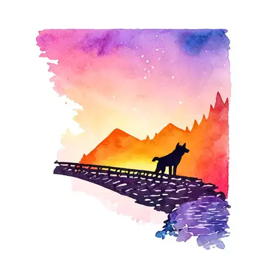 husky silhouette crossing the rainbow bridge over a mountain stream  tattoo design idea