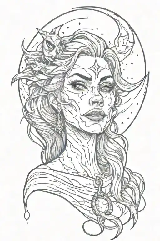 evil witch with fangs on her teeth face only lookingipward towards the moon  tattoo design idea