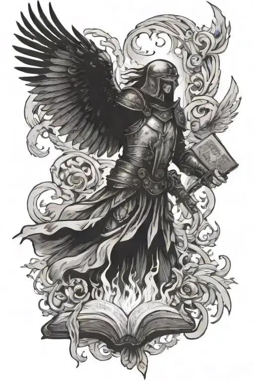 the full armor of God, Fire, Water and Bible pages flying around and a crow tattoo design idea