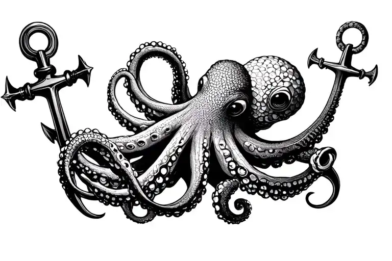 Octopus wrapped around an anchor tattoo design idea