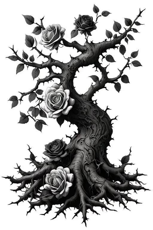 Victorian Gothic roses and thorns wrapping tree with roots tattoo design idea