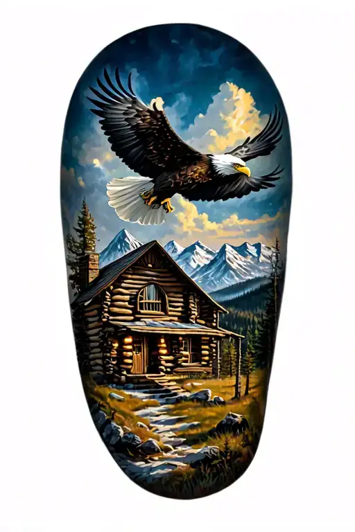 log cabin up on a mountain with a bald eagle soaring in the sky with a acoustic guitar tattoo design idea