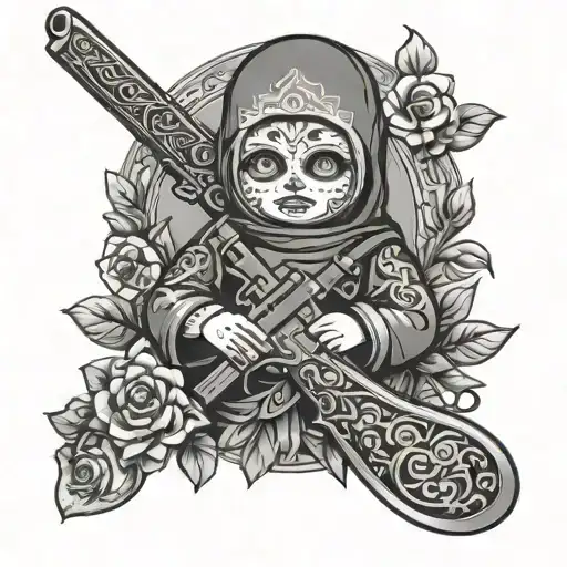 Matryoshka in the form of death with a scythe and a Kalashnikov assault rifle tattoo design idea