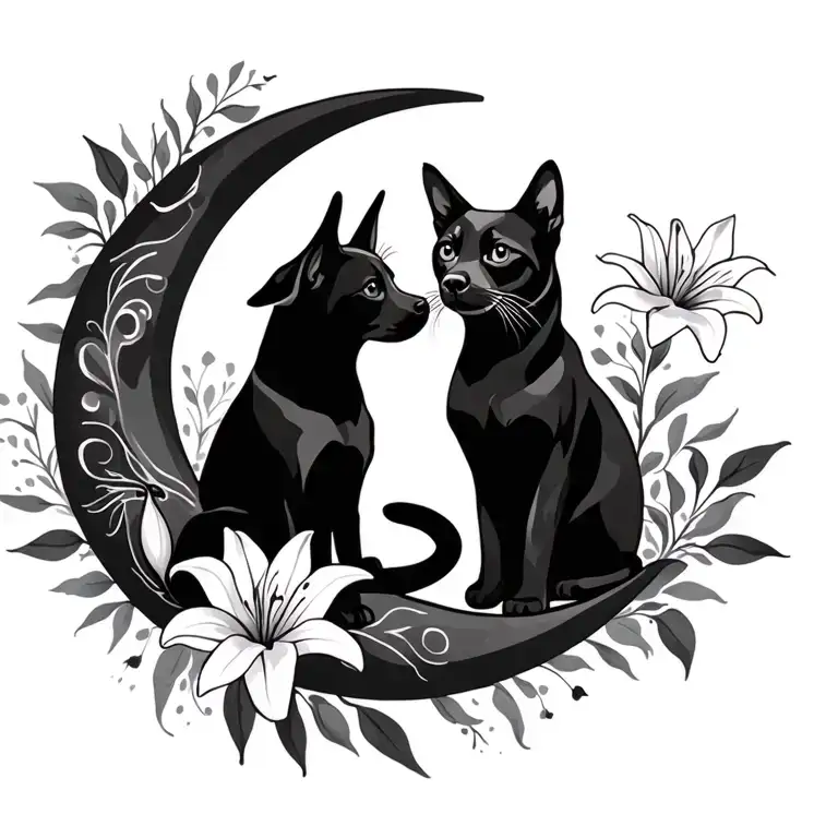 silhouette of a dog and cat sitting on a crescent moon with lily flowers tattoo design idea