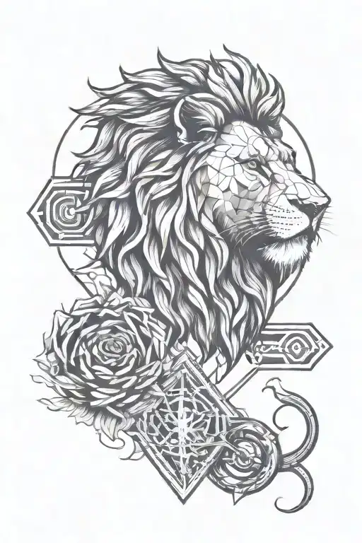A geometric design incorporating elements of a lion, snake, and Zeus' lightning bolt, symbolizing balance and harmony tattoo design idea