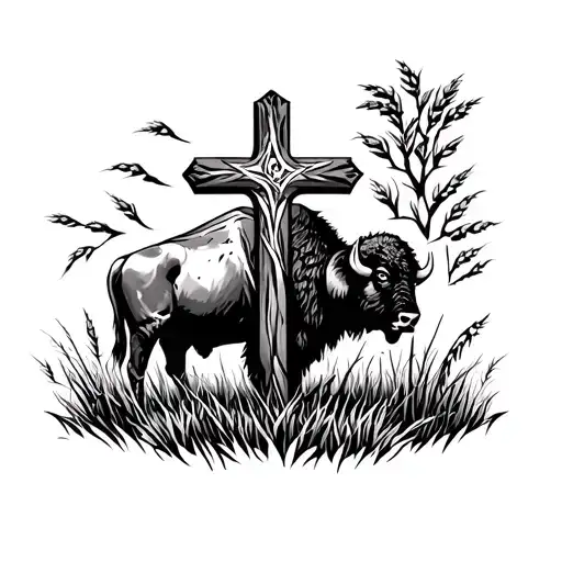Western theme, Cross, with prairie grass and bison and try to make it look nice and detailed. tattoo design idea