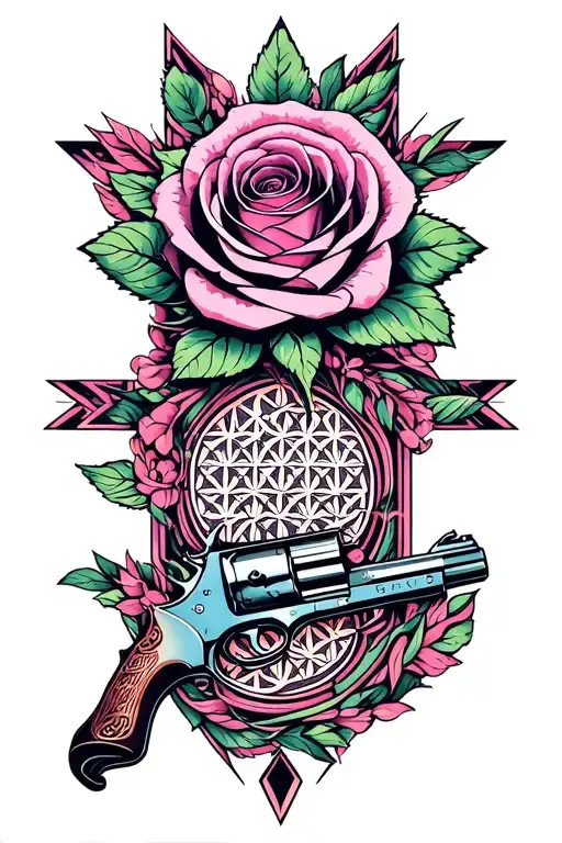 "Mama Tried" psychedelic Rose with the flower of life inside, wrapped around a six shooter pistol tattoo design idea