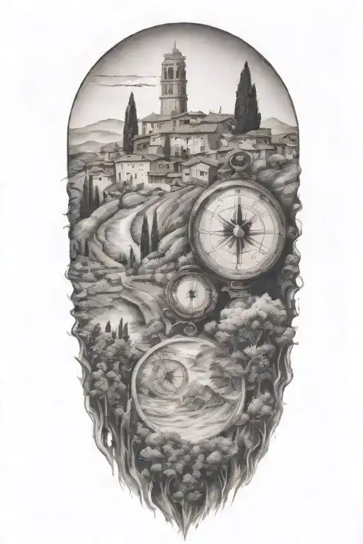 edges that fade and blend softly, italian tuscany landscape with olve and cypress trees and a compass  tattoo design idea