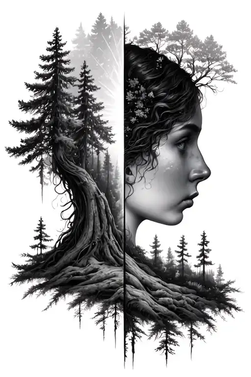 A beautiful female head from which a forest grows that is divided into a light and dark side symbolizes overthinking tattoo design idea