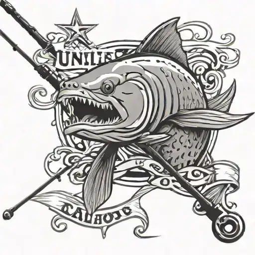 Fishing pole with a catfish at the end with Dallas cowboys theme pole with the words uncle jason tattoo design idea