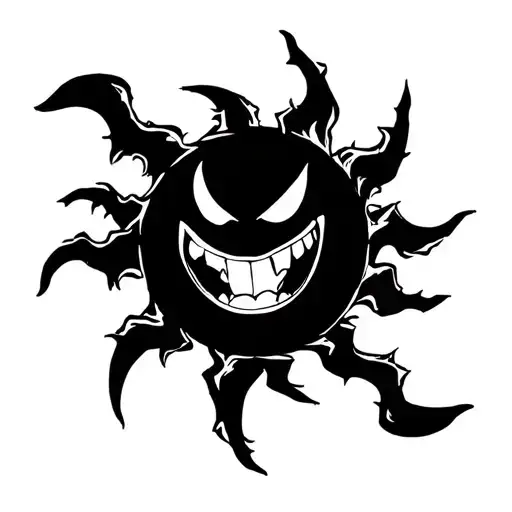 A sun with thorns with evil but smiling face animated version with realistic style tattoo design idea