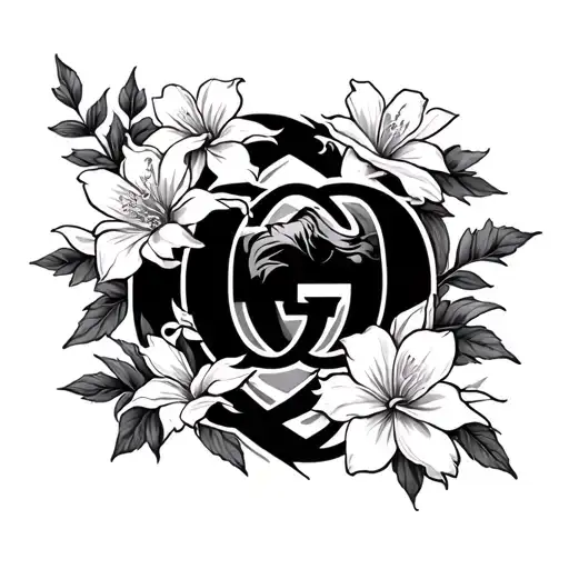 A leo symbol intertwined with a gucci logo and jasmine flower  tattoo design idea