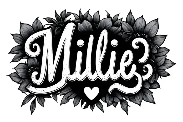 "Millie" name with small heart at end tattoo design idea