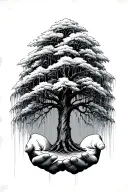two cupped hands holding a weeping willow from the bottom hands under holding the tree , realism style, willow branches tattoo design idea