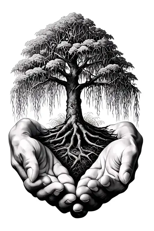 two cupped hands holding a weeping willow from the bottom hands under holding the tree , realism style, willow branches tattoo design idea