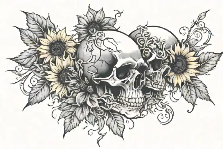 2 skulls facing each side profile with sunflower near skull on right side and vines growing around both skulls  tattoo design idea