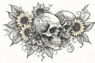 2 skulls facing each side profile with sunflower near skull on right side and vines growing around both skulls  tattoo design idea