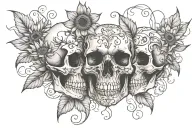 2 skulls facing each side profile with sunflower near skull on right side and vines growing around both skulls  tattoo design idea