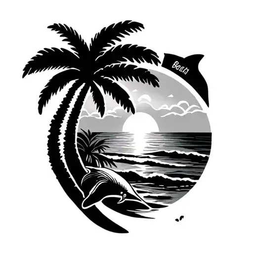 small ankle ocean dolphin palm tree word Carolina beach sunset tattoo design idea