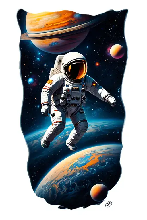 space, spaceship, astronaut floating in space , planets, galaxies, and stars  tattoo design idea