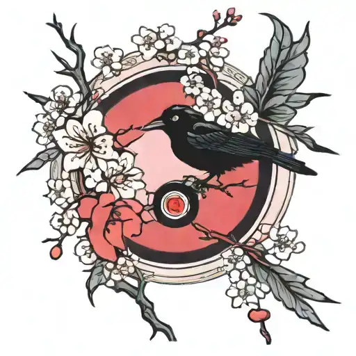 cherry blossom petals falling and crows and sharingan eyes tattoo design idea