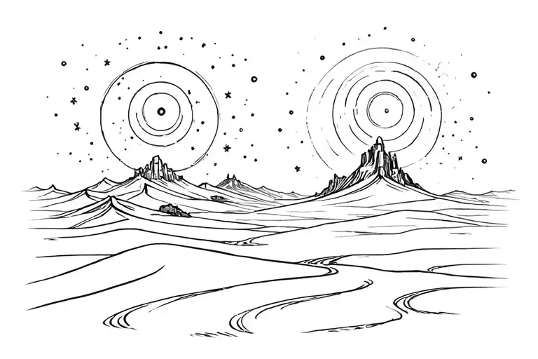 Glittering dunes beneath twin suns. tattoo design idea