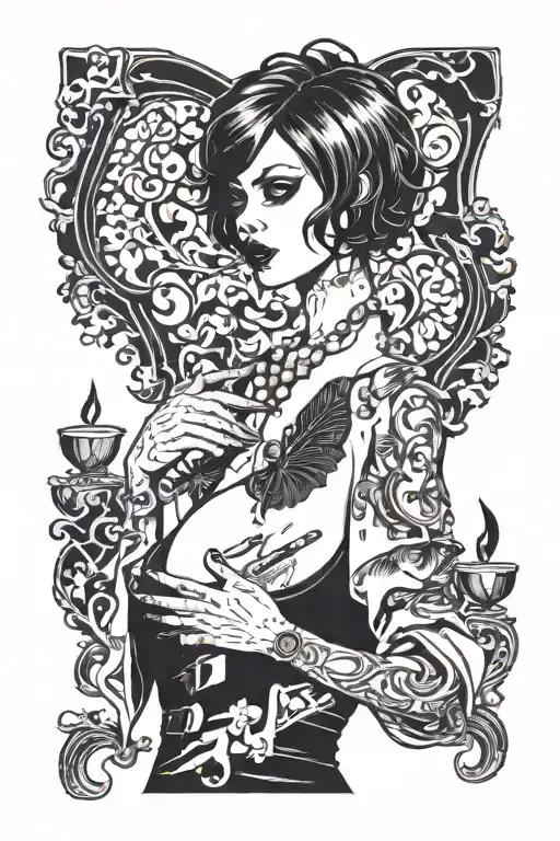 Sexy girl, Huge cleavage, petite, torn clothing, short white bob hairstyle, smoking a cigarette, thick butt, standing tattoo design idea