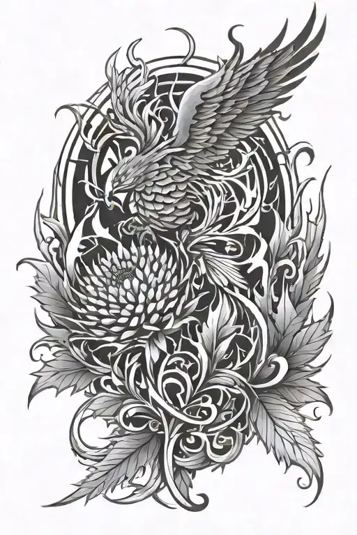 Tattoo composition Thistle, Phoenix, Fire, S, 21, Tech, Cyber tattoo design idea