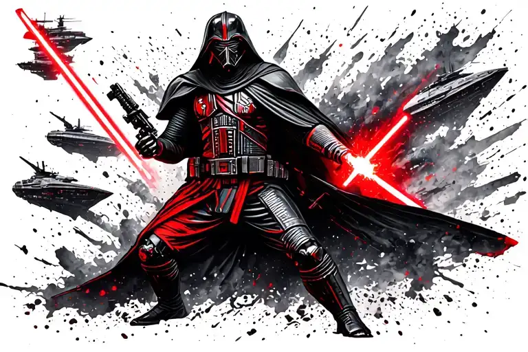 star wars Revan fight stance surrounded by ships tattoo design idea