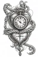 Create a tattoo design inspired by shibari rope bondage with a heart and a clock to represent the date august 18 tattoo design idea