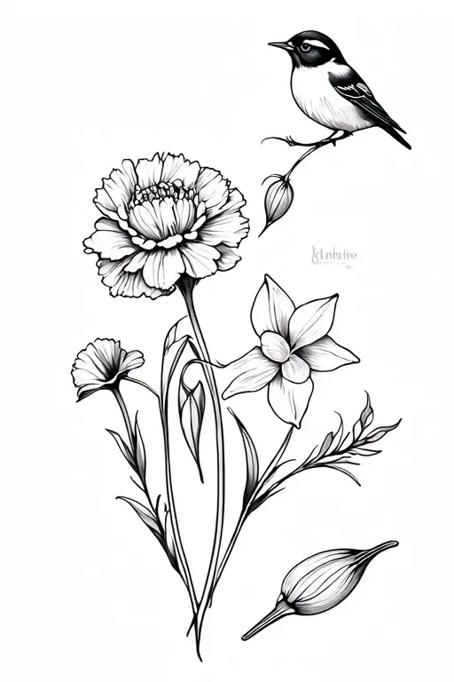 black and white tattoo with a carnation, a violet, a daffodil, a smooth, a lark and a poppy tattoo design idea
