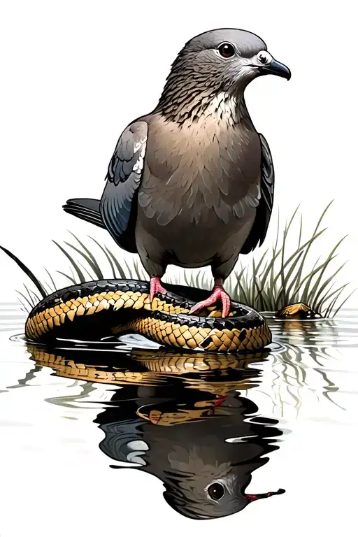 A dove sitting by water. Its reflection is a rattlesnake. tattoo design idea