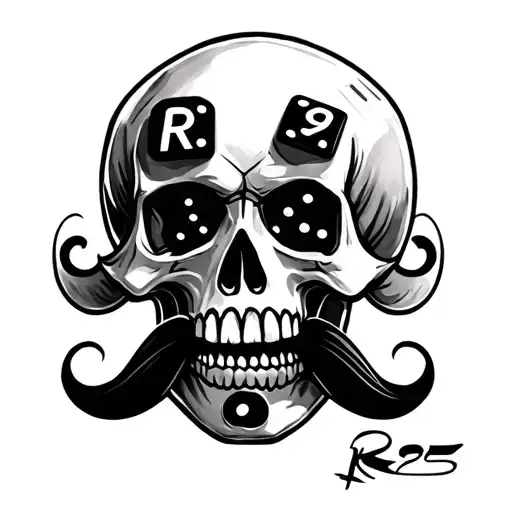 Draw a tattoo with a skull with a moustache. The tattoo must also include a black dice with R R 9 on it. tattoo design idea