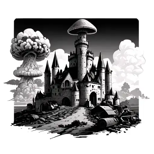 Combat Engineer castle with mushroom cloud in the background 2 dimensional tattoo design idea