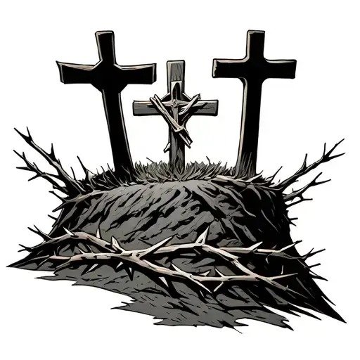 3 crosses in a line on a hill with a crown of thorns tattoo design idea