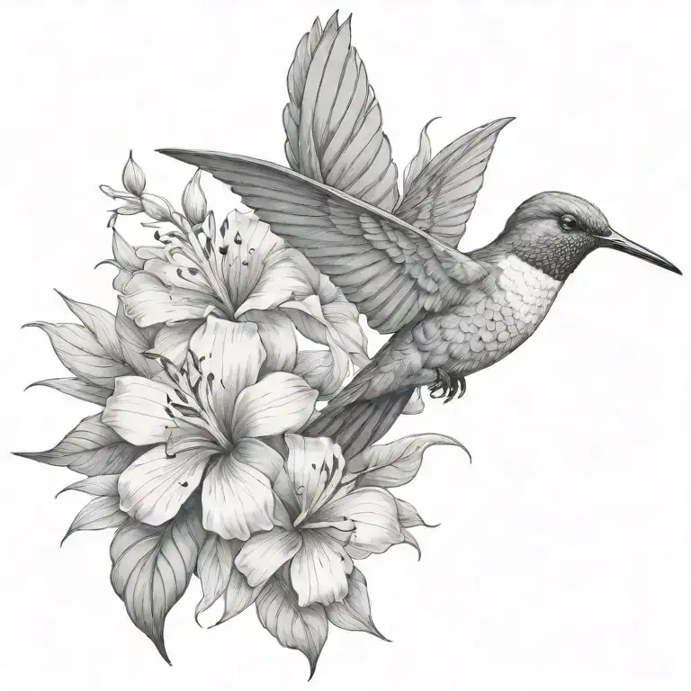humming-bird tropical flowers and leaves tattoo design idea